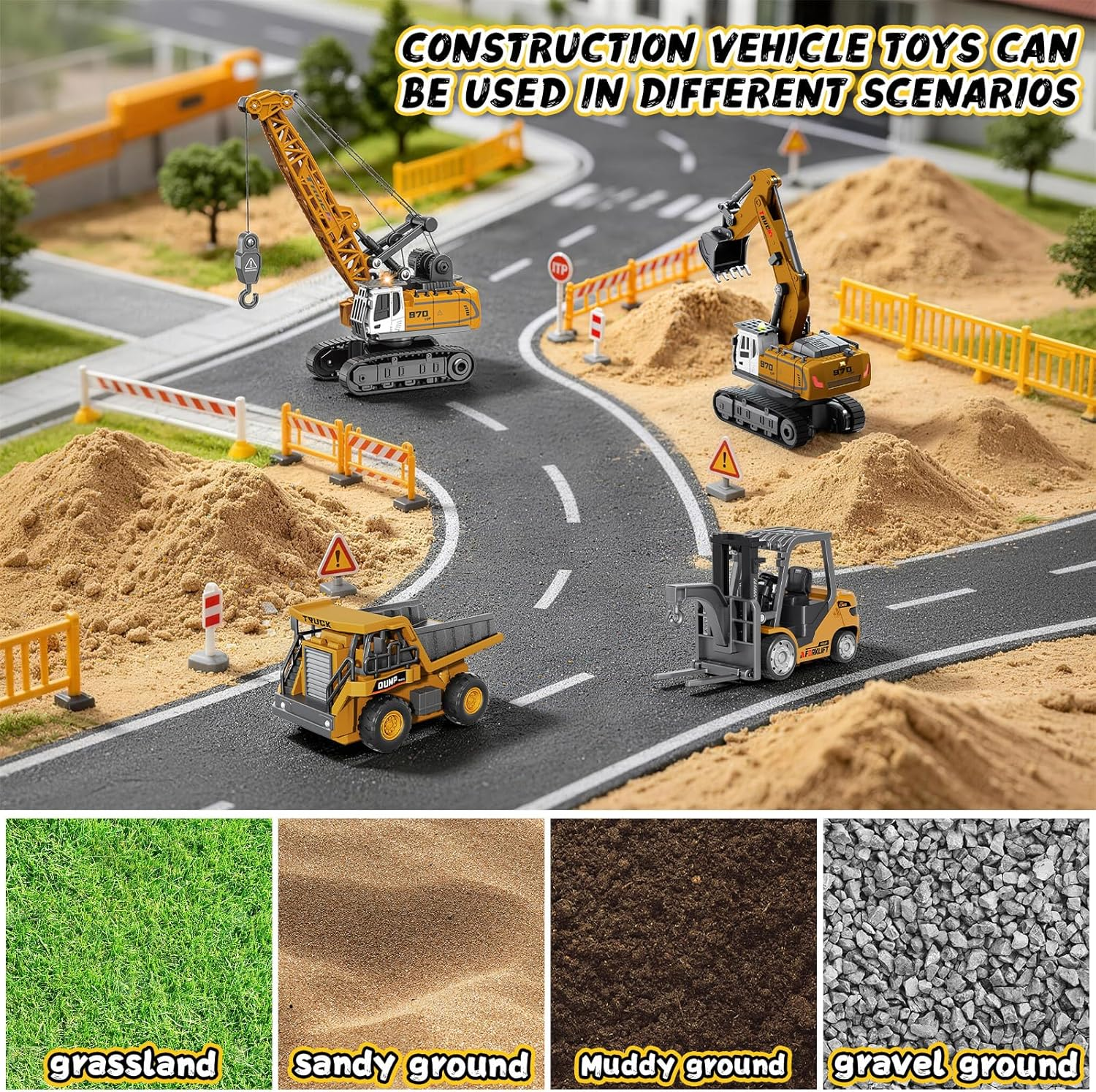 4 PCS RC Construction Vehicles Set with Mini Excavator Dump Truck Forklift and Crane USB Charge Real Lights & Sounds and Movable Parts & Traffic Sign Simulate True Scale Birthday Gifts for Kids Adults - Image 7