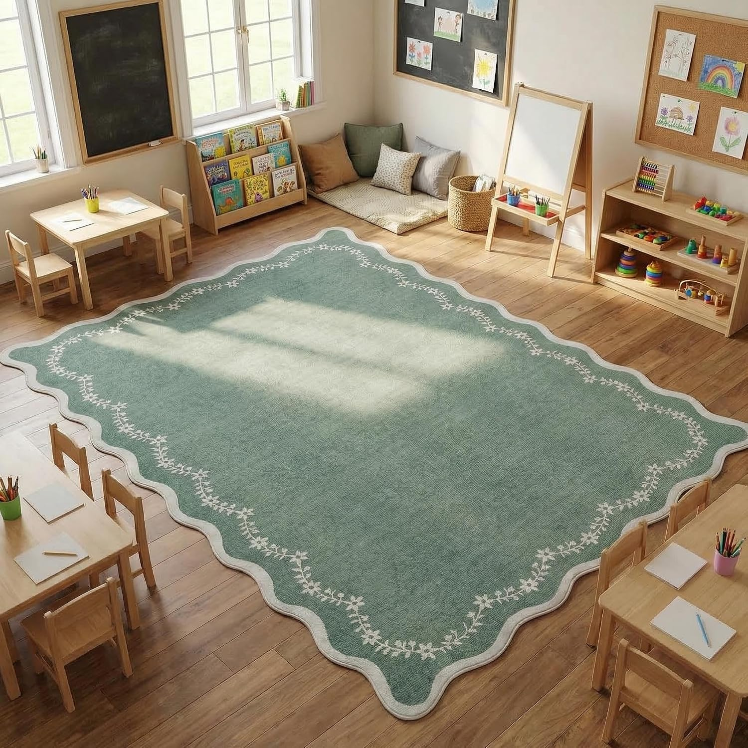 4X6 Green Scalloped Washable Area Rug for Nursery Room, Solid Floral Soft Bedroom Rug Non Slip Low Pile Small Carpet Stain Resistant Throw Rug for Dorm Kids Room Office Dining Room - Image 2