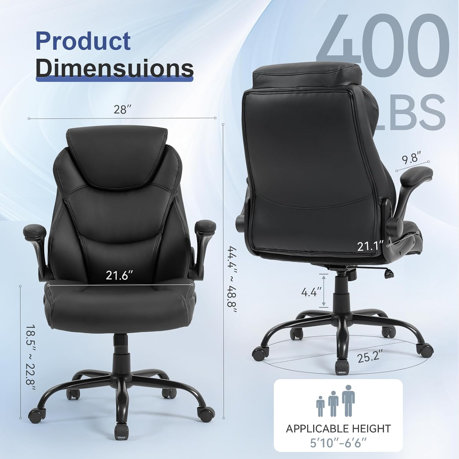 400LBS Big and Tall Office Chair, Heavy Duty Leather Executive Desk Chair with Padded Flip-Up Arms, Swivel Rolling Computer Chair for Home Office, Black - Image 2