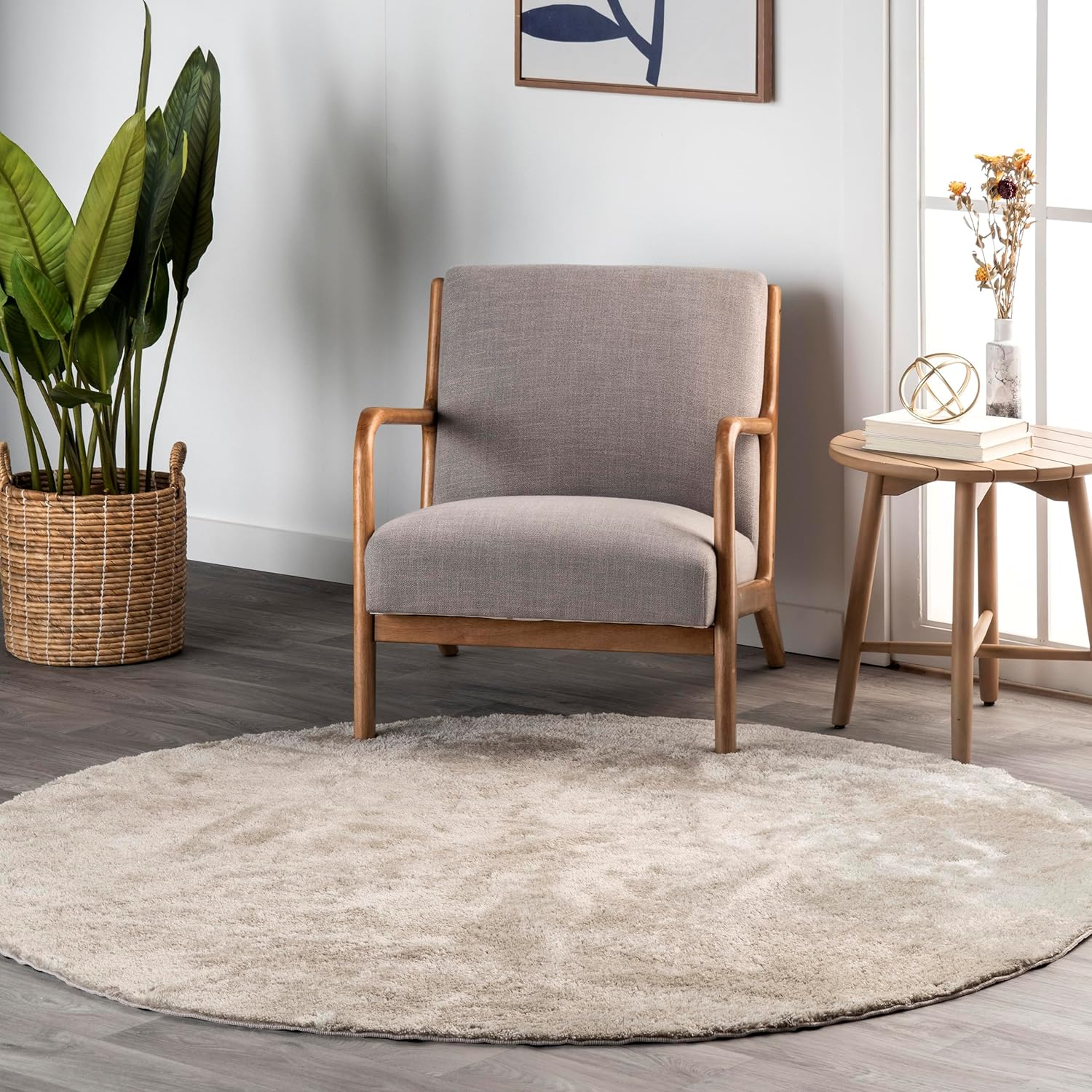 6' round Cozy Plush Superiorwash Area Rug, Machine Washable, Non-Slip, Soft Fluffy Shag Carpet for Living Room Bedroom Kids Room Nursery Home Decor, Loni Beige