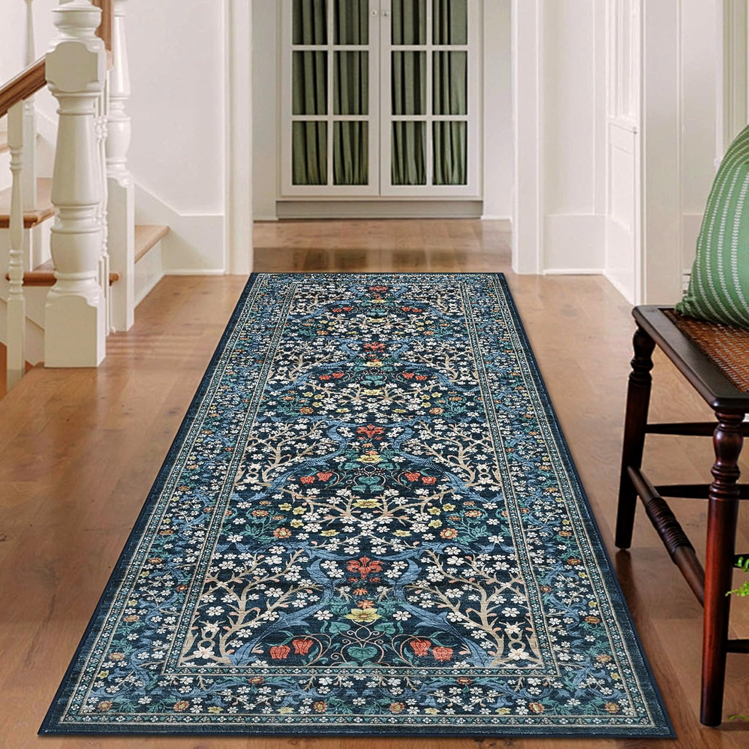 Kitchen 2X6 Runner Rug, Floral Washable Rugs for Hallways Non Slip Stain Resistant, Boho Soft Rug Botanical Carpet for Entryway, Laundry Room, Bedroom Floor Mat, Dark Blue - Image 2
