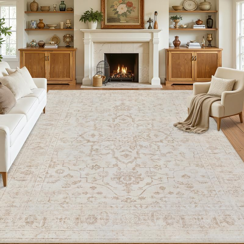 Area Rugs 9X12 Living Room: Vintage Boho Neutral Washable Rug Indoor Soft Large Area Rug Carpet for Bedroom Nursery Farmhouse Dining Room Office Floor Non-Slip Low Pile under Table Rug Warm Beige