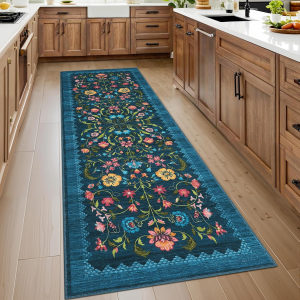 Floral Rug 2X6 Runners for Hallways, Boho Kitchen Runner Rugs Non Slip Bath Runners, Vintage Washable Runner Rug for Bedroom, Soft Long Rugs for Entryway Bathroom Laundry Dorm, Blue