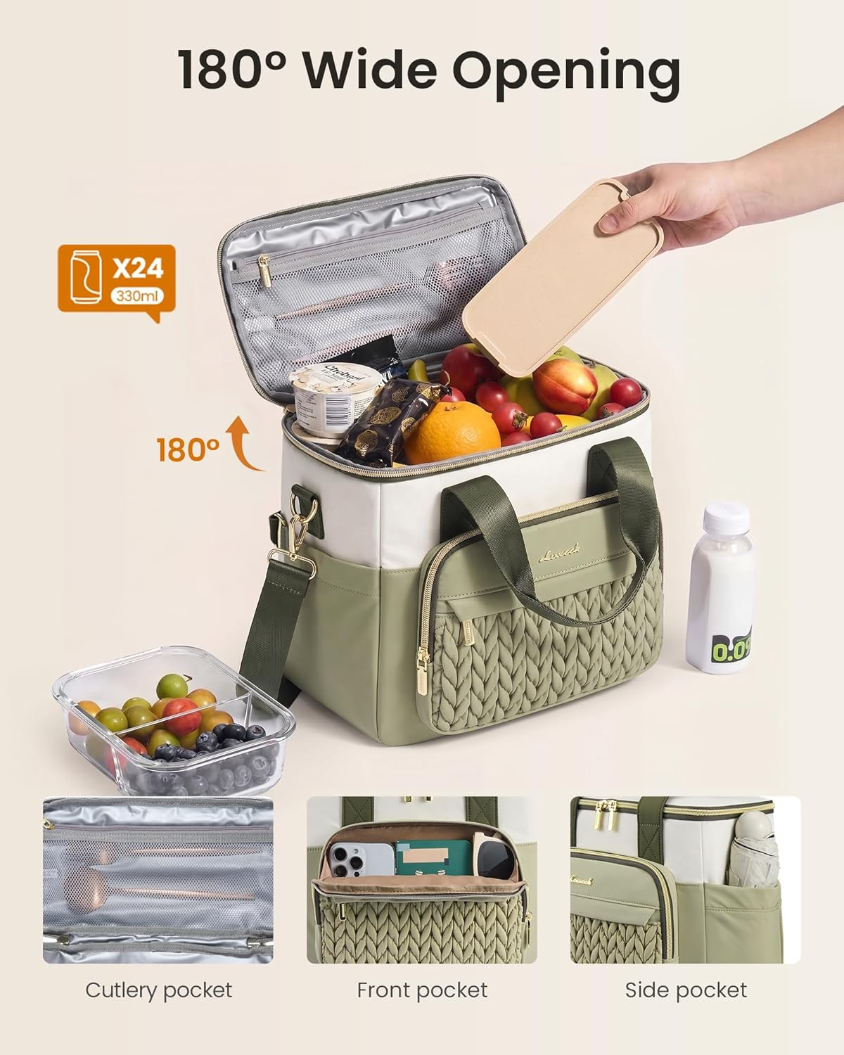 Lunch Bag Women, Insulated Wide Opening Adult Lunch Box for Women Work with Cup Holder, Large Lunch Cooler Tote Bag with Utensils Pocket for Office Campus Picnic Beach Mom Nurse Family - Image 3