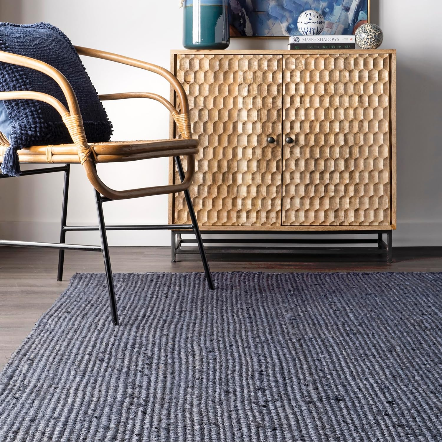 8X10 Rigo Jute Hand Woven Area Rug, Navy, Solid Farmhouse Design, Natural Fiber, for Bedroom, Living Room, Dining Room, Hallway, Office, Kitchen, Entryway - Image 9