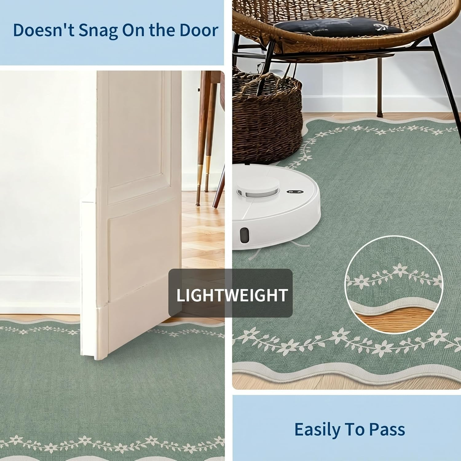 round Area Rugs 4Ft for Kids Room, Sage Green Scalloped Washable Circle Rug Soft Non Slip Floral Print Floor Mat Carpet Indoor Thin Tent Rug for Bedroom Dining Room Playroom Nursery - Image 5