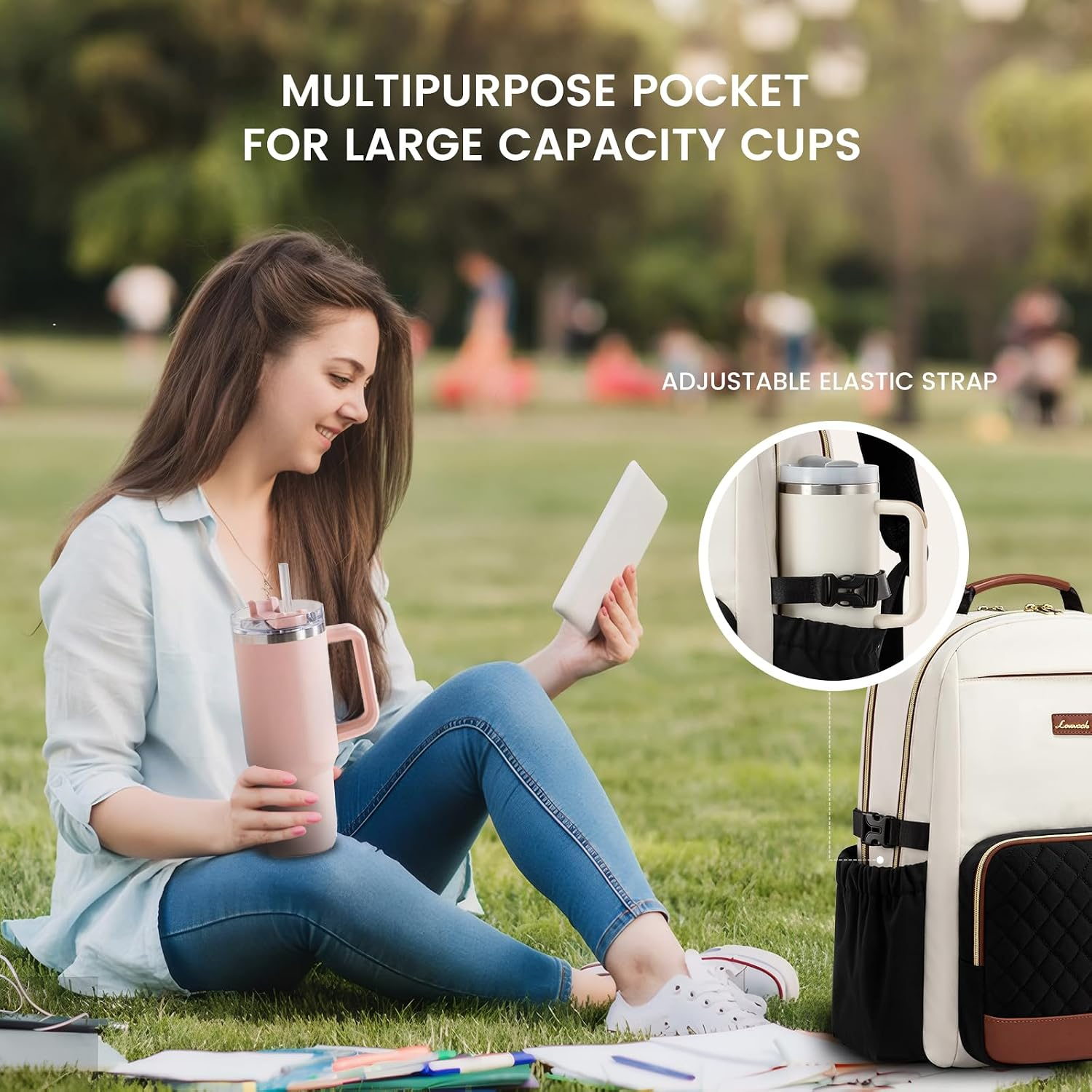 Laptop Backpack for Women with Pouch Pocket for Large Capacity Cup,17 Inch Teacher Nurse College Work Travel Backpack Purse,Waterproof Laptop Computer Bags,Beige-Black-Brown+Diamond-Shaped - Image 2