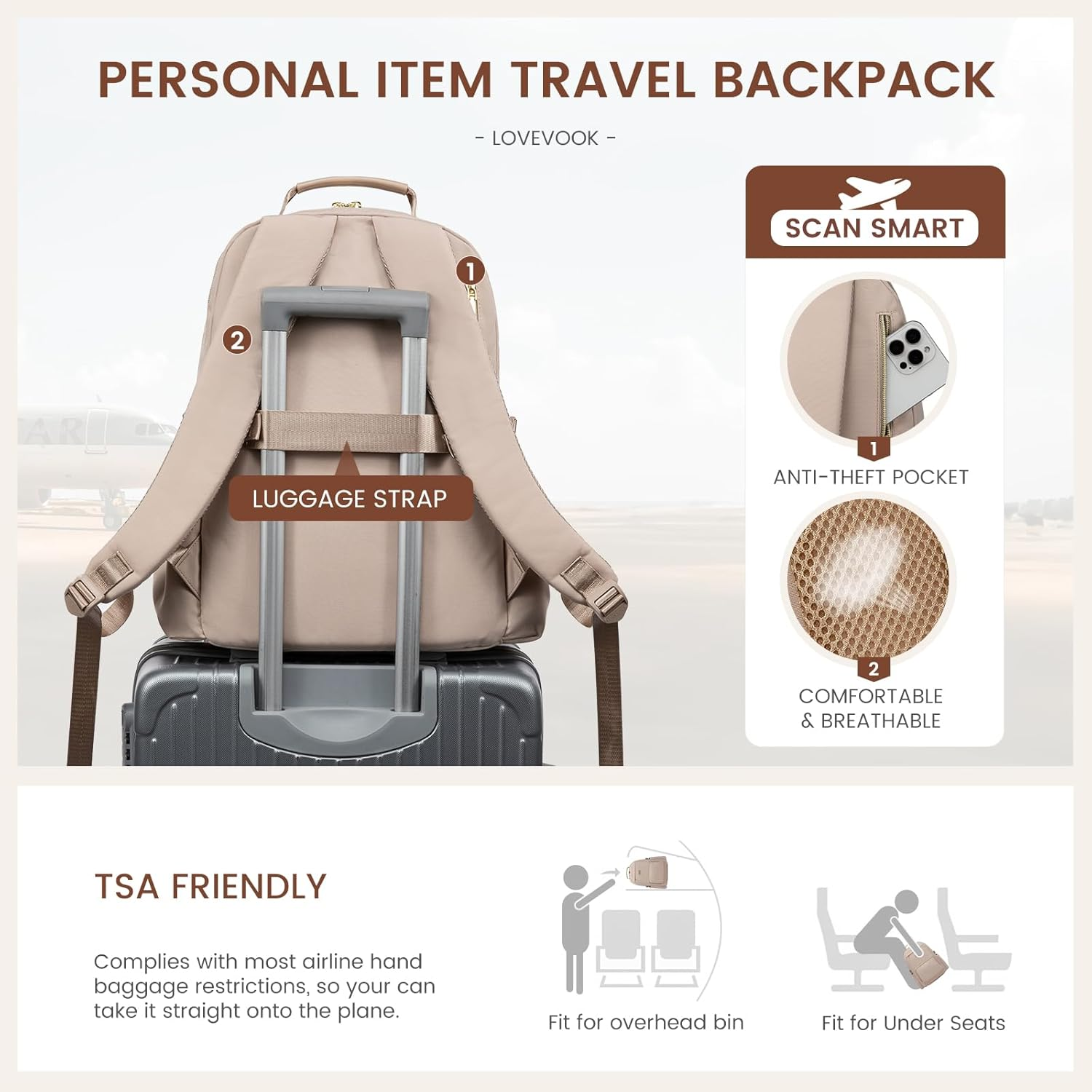 Laptop Backpack for Women with Pouch Pocket for Large Capacity Cup,15.6 Inch Laptop Computer Bag Travel Backpack Purse,Waterproof Work Business Backpack College Teacher Bags,Nude - Image 6