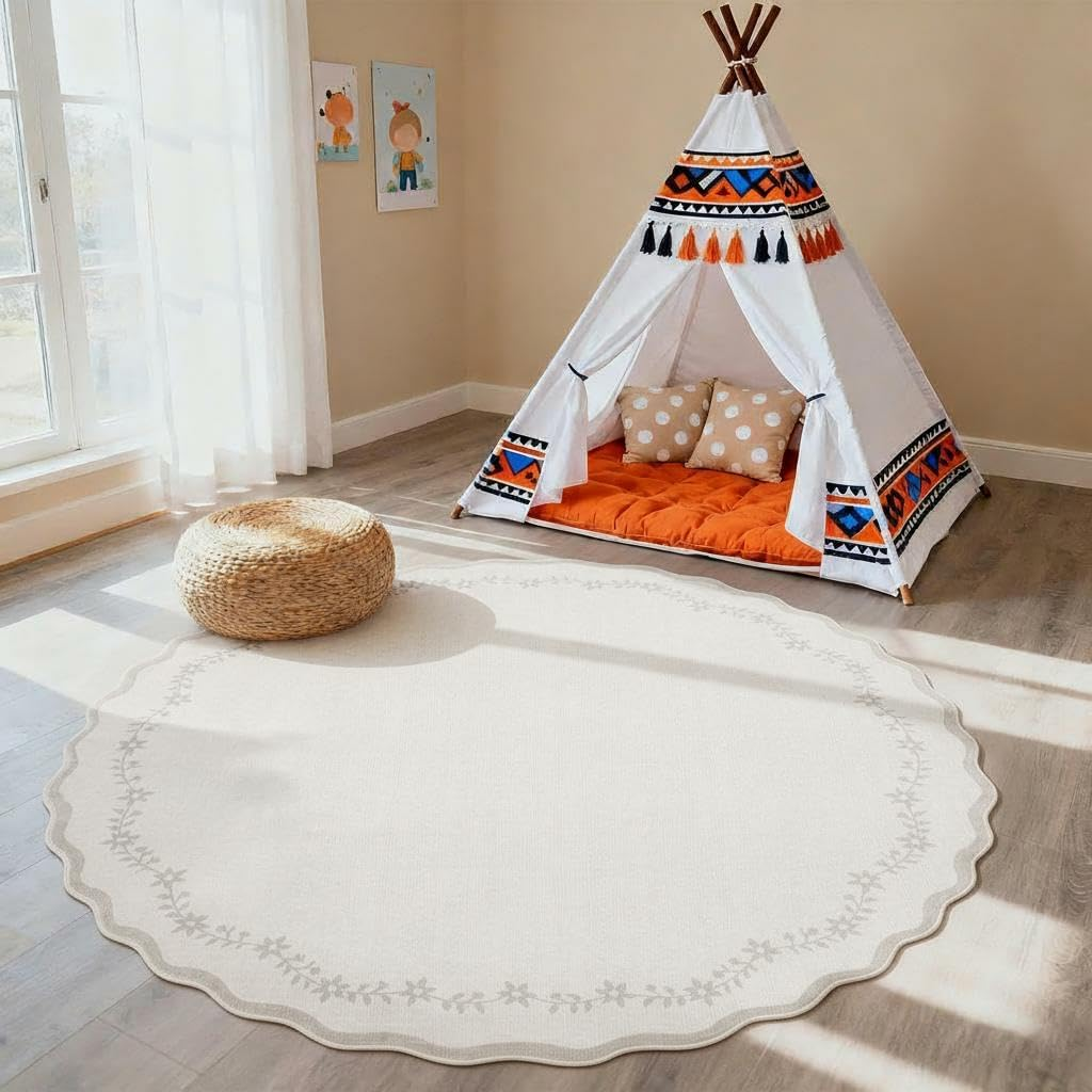 round Area Rugs 8Ft for Living Room, Large Solid Beige Washable Circle Rug Soft Non Slip Floral Print Floor Mat Carpet Indoor Thin Rug for Bedroom Dining Room Playroom Nursery - Image 3