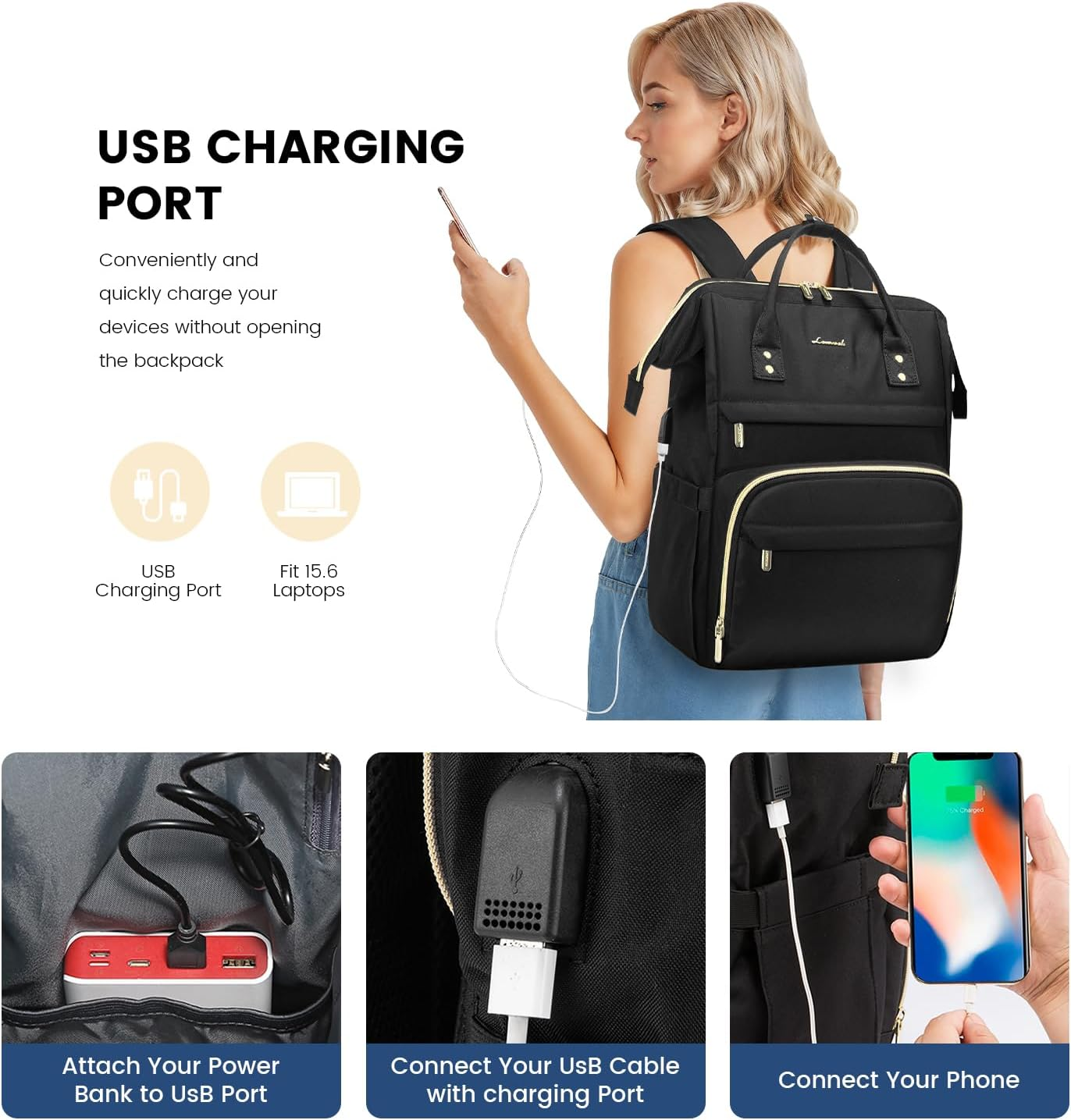 Laptop Backpack Women, 15.6 Inch Work Backpack Woman for Teacher Nurse Bags, Computer College Backpack Purse, Waterproof Anti-Theft Travel Back Pack with USB Charging Port, Black - Image 3