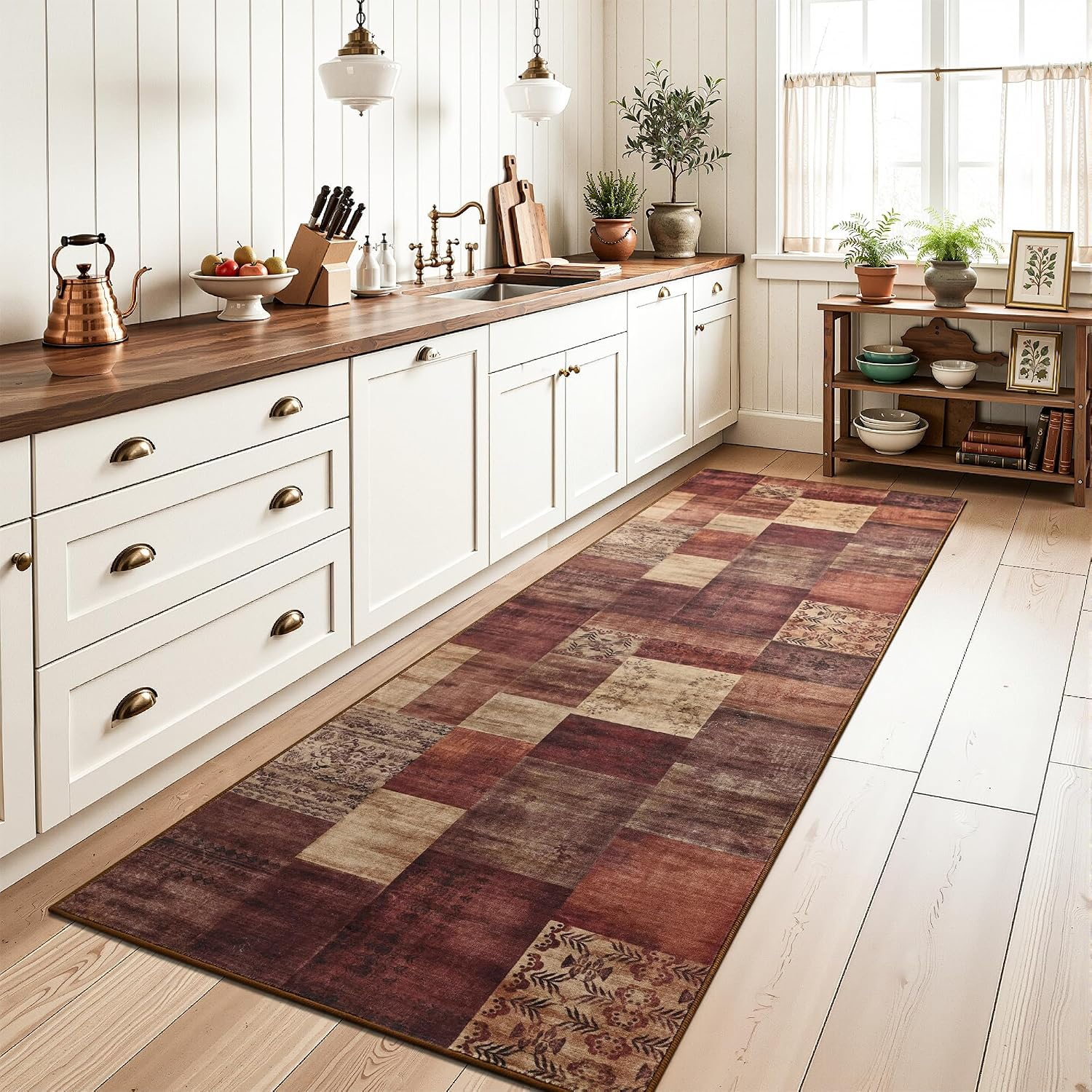Modern Runner Rug for Living Room, 2X6 Washable Rugs for Bedroom Hallway, Geometric Patchwork Runner Rug Non-Slip Indoor Throw Carpet for Entryway Kitchen Office Home Decor, Red - Image 5