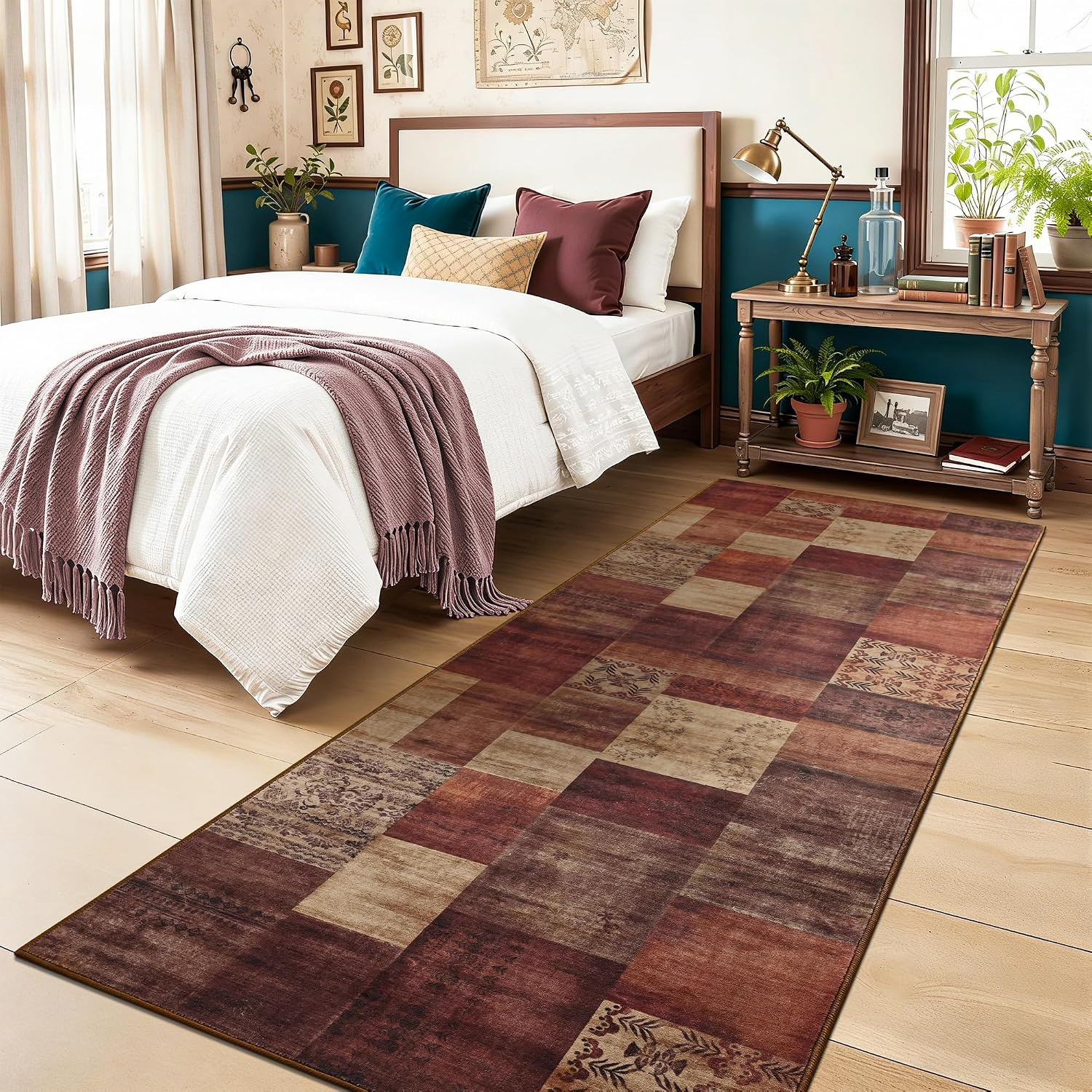 Modern Runner Rug for Living Room, 2X6 Washable Rugs for Bedroom Hallway, Geometric Patchwork Runner Rug Non-Slip Indoor Throw Carpet for Entryway Kitchen Office Home Decor, Red - Image 3