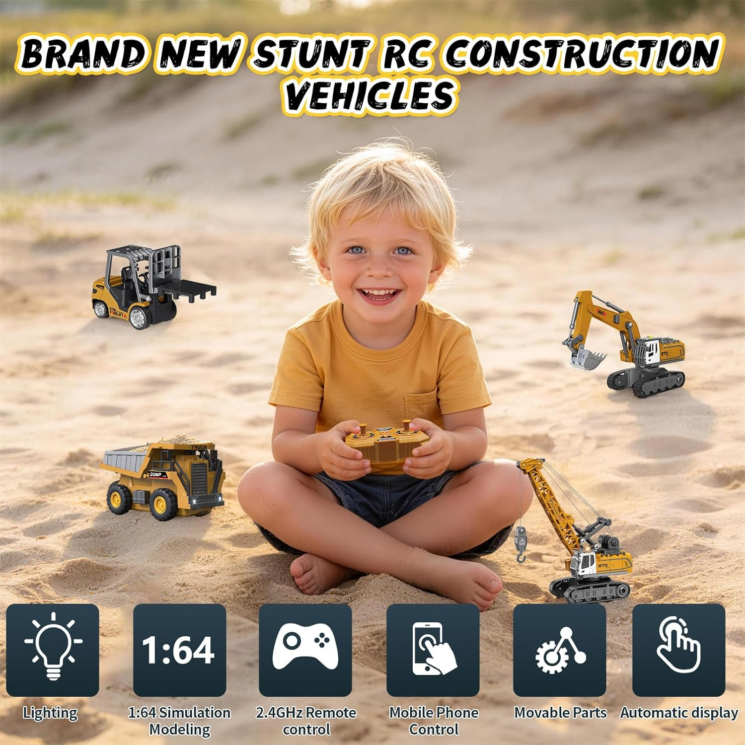 4 PCS RC Construction Vehicles Set with Mini Excavator Dump Truck Forklift and Crane USB Charge Real Lights & Sounds and Movable Parts & Traffic Sign Simulate True Scale Birthday Gifts for Kids Adults - Image 3