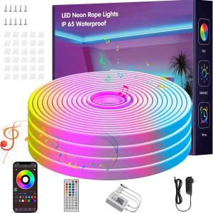 50FT Led Neon Rope Lights Music Sync, RGB Led Strip Lights Outdoor, Neon Led Light Strip with Remote & App Control, DIY Flexible Led Lights for Bedroom, Gaming, Party, Room Decor (1 * 50FT)