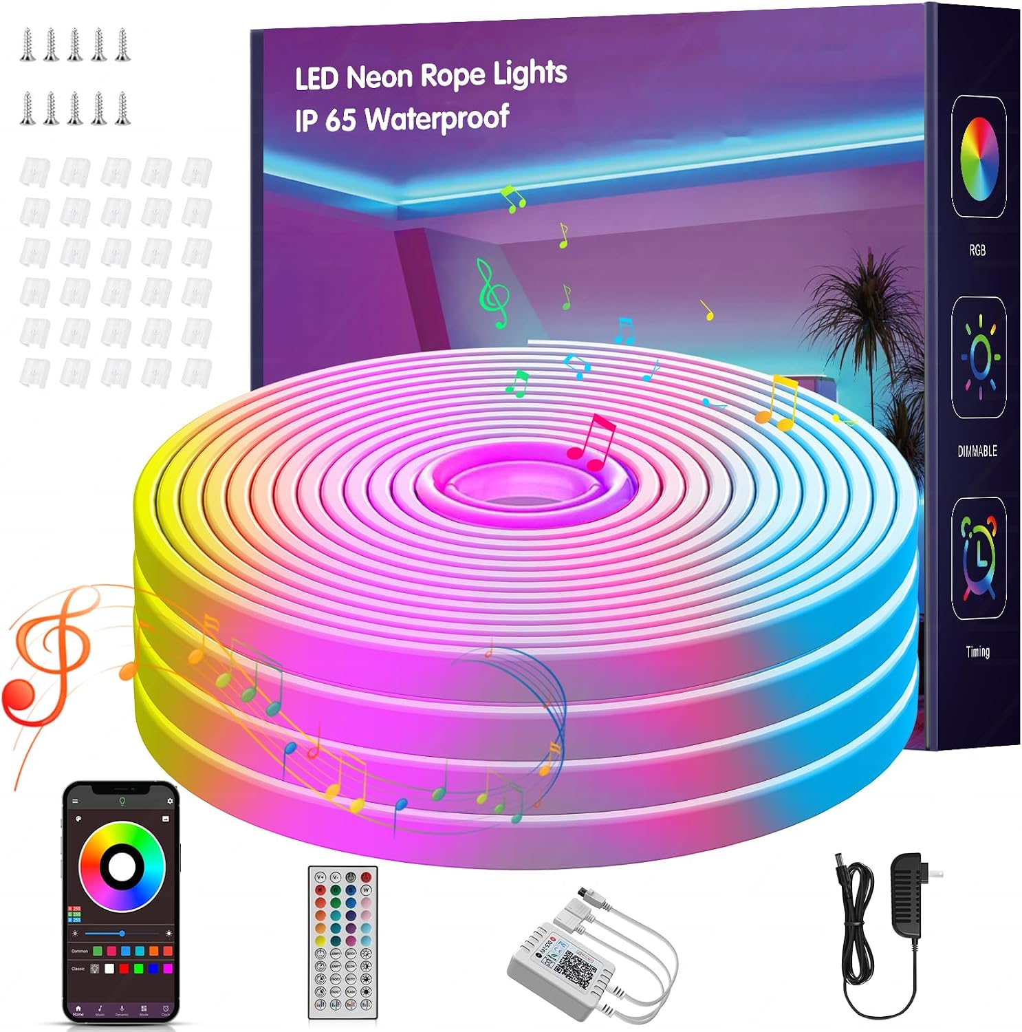 50FT Led Neon Rope Lights Music Sync, RGB Led Strip Lights Outdoor, Neon Led Light Strip with Remote & App Control, DIY Flexible Led Lights for Bedroom, Gaming, Party, Room Decor (1 * 50FT)