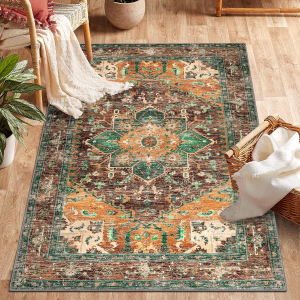 Washable Area Rug for Bedroom, 3X5 Non-Slip Boho Vintage Living Room Rug with Rubber Backing, Low Pile Faux Wool Soft Distressed Rug Floor Carpet for Living Room, Laundry, Kid Playroom