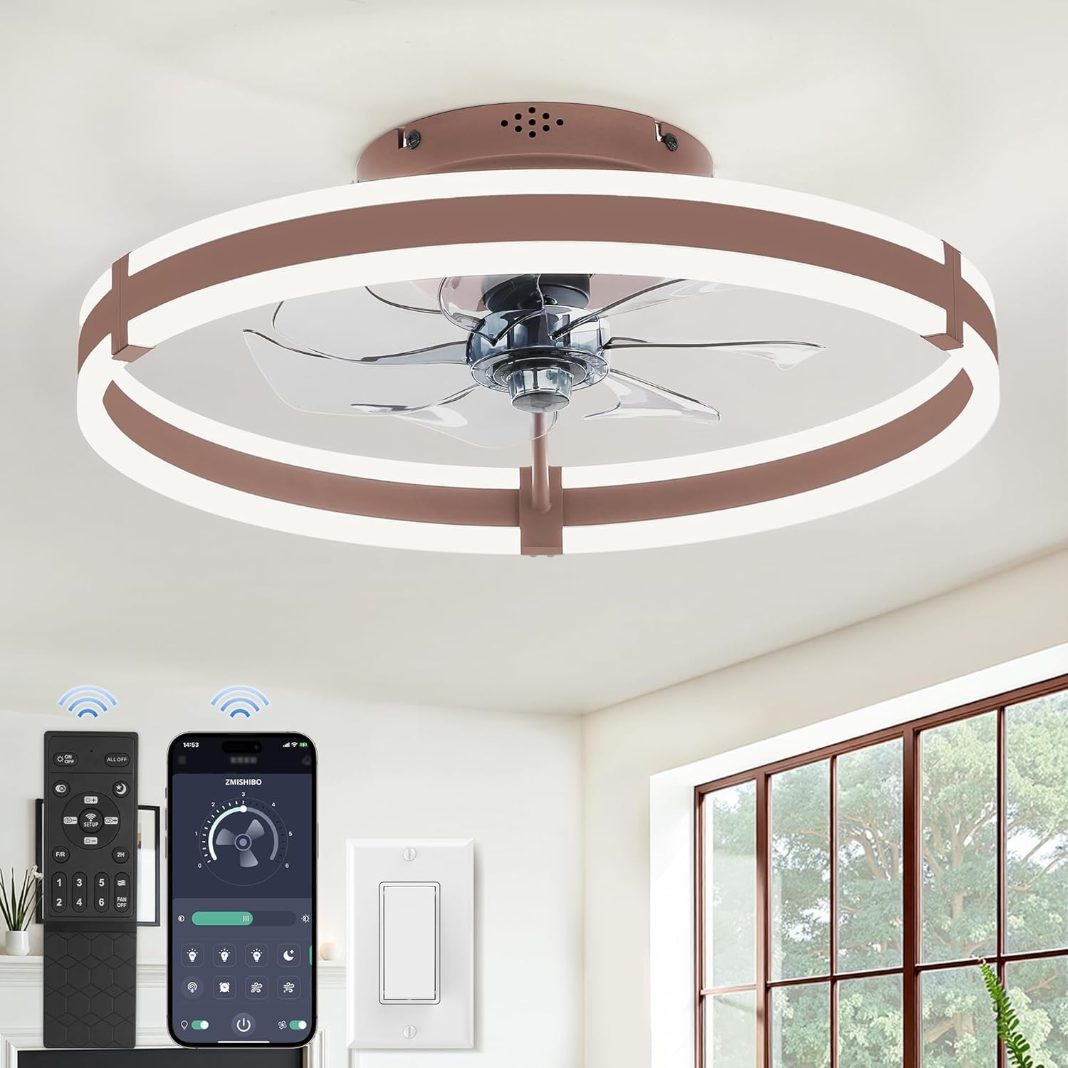 Ceiling Fans with Lights and Remote, 19.7'' Low Profile Ceiling Fan, 3000-6000K Dimmable Modern Flush Mount LED Fan Light, 6 Wind Speeds, Brown Fandelier Ceiling Fans for Bedroom