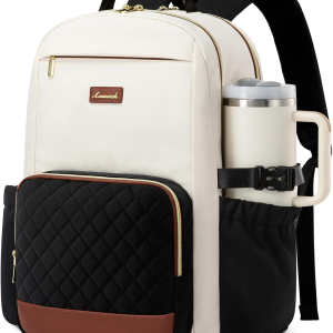 Laptop Backpack for Women with Pouch Pocket for Large Capacity Cup,18 Inch Teacher Nurse College Work Travel Backpack Purse,Waterproof Laptop Computer Bags,Beige-Black-Brown+Diamond-Shaped
