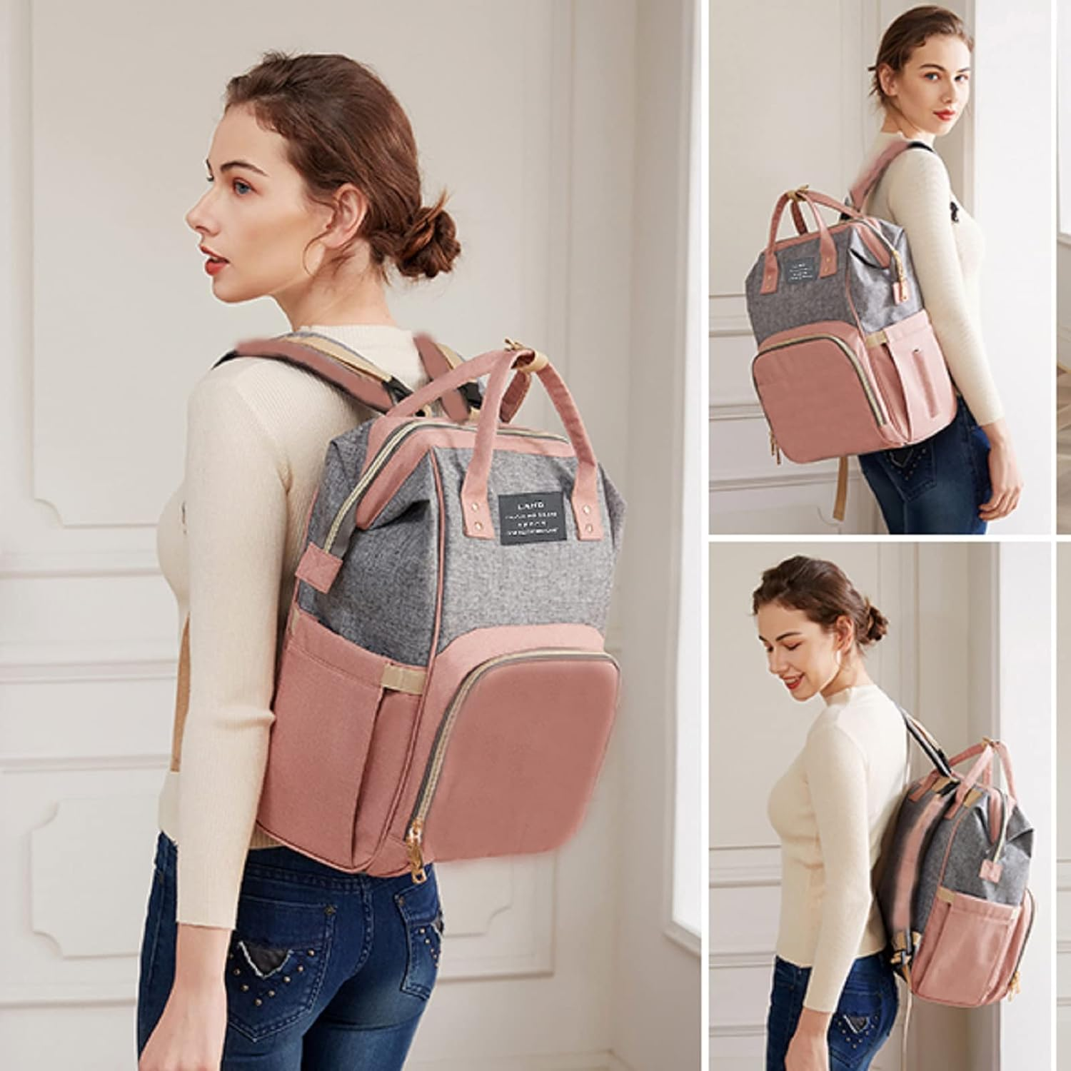Baby Diaper Bags with Changing Station,Waterproof Diaper Bag Backpack for Moms Dads with USB Charging Port,Large Capacity Multifunctional Baby Essentials(Pink-Grey) - Image 2