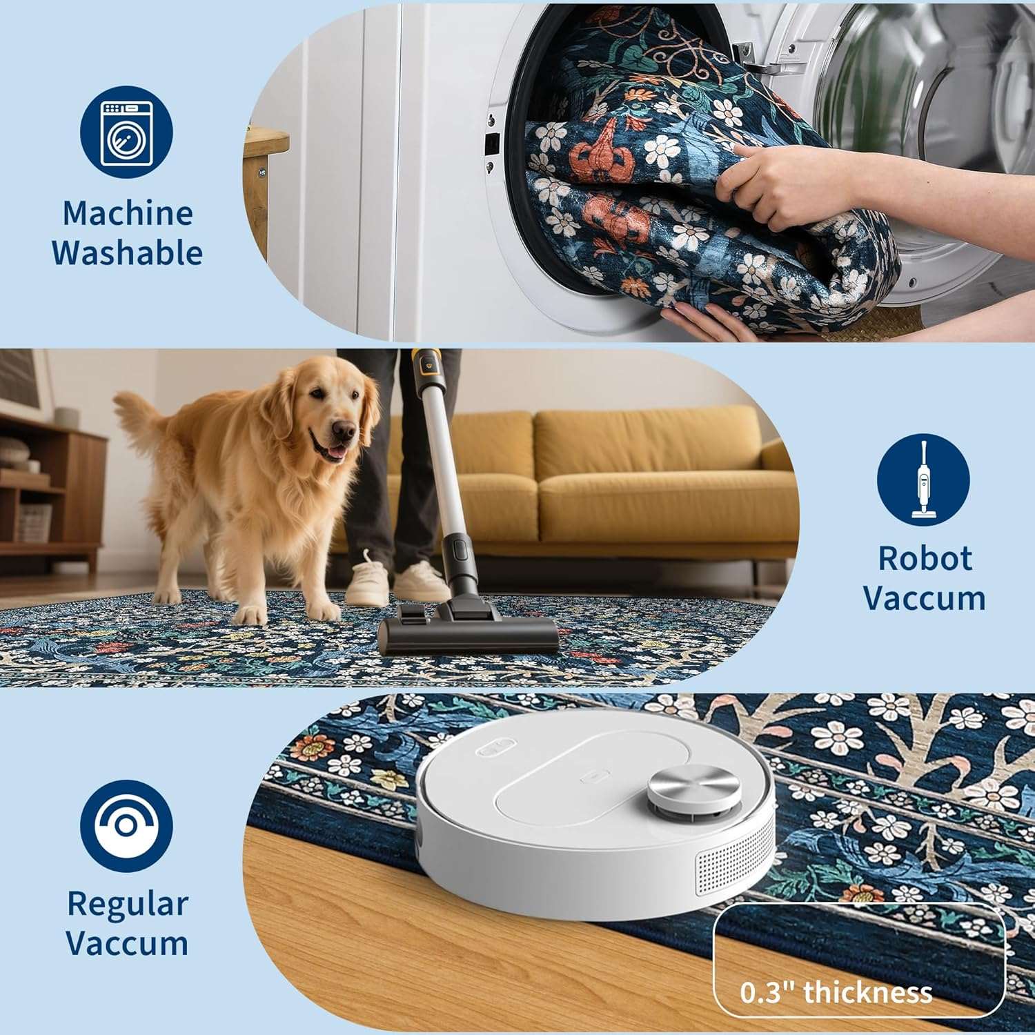 Kitchen 2X6 Runner Rug, Floral Washable Rugs for Hallways Non Slip Stain Resistant, Boho Soft Rug Botanical Carpet for Entryway, Laundry Room, Bedroom Floor Mat, Dark Blue - Image 4