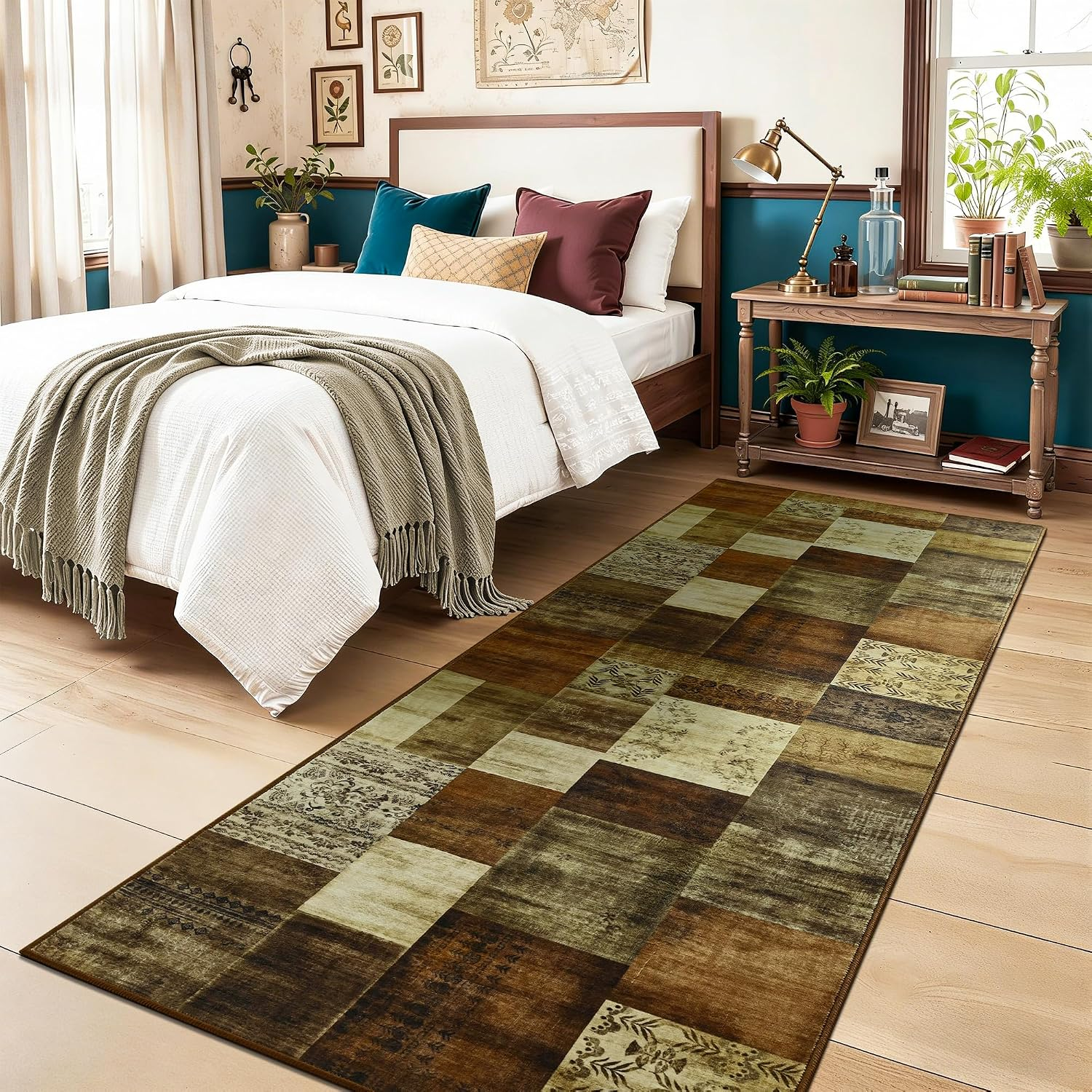 Modern Runner Rug for Living Room, 2X6 Washable Rugs for Bedroom Hallway, Geometric Patchwork Runner Rug Non-Slip Indoor Throw Carpet for Entryway Kitchen Office Home Decor, Brown - Image 3