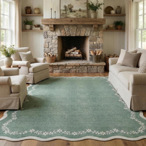 Scalloped Area Rugs 8X10 for Living Room, Sage Green Large Washable Rug Soft Non Slip Backing Floor Mat Carpet Indoor Thin Rug for Bedroom Dining Room Playroom Nursery Home Decor
