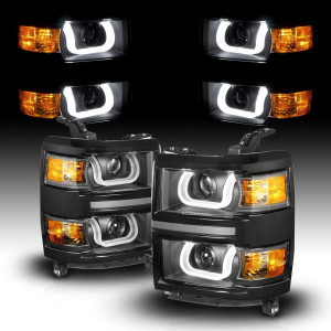 for 2014-2015 Chevy Silverado 1500 Pickup Truck U-Type LED Tube Quad Projector Black Replacement Headlights Pair - Driver and Passenger Side