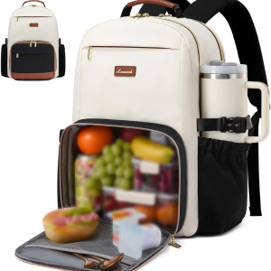 Lunch Backpack with Lunch Compartment,17 Inch Laptop Work Travel Insulated Cooler Backpack,Waterproof College Teacher Lunch Bag Box with Tumbler Holder,Gifts for Men Women,Beige-Black-Brown