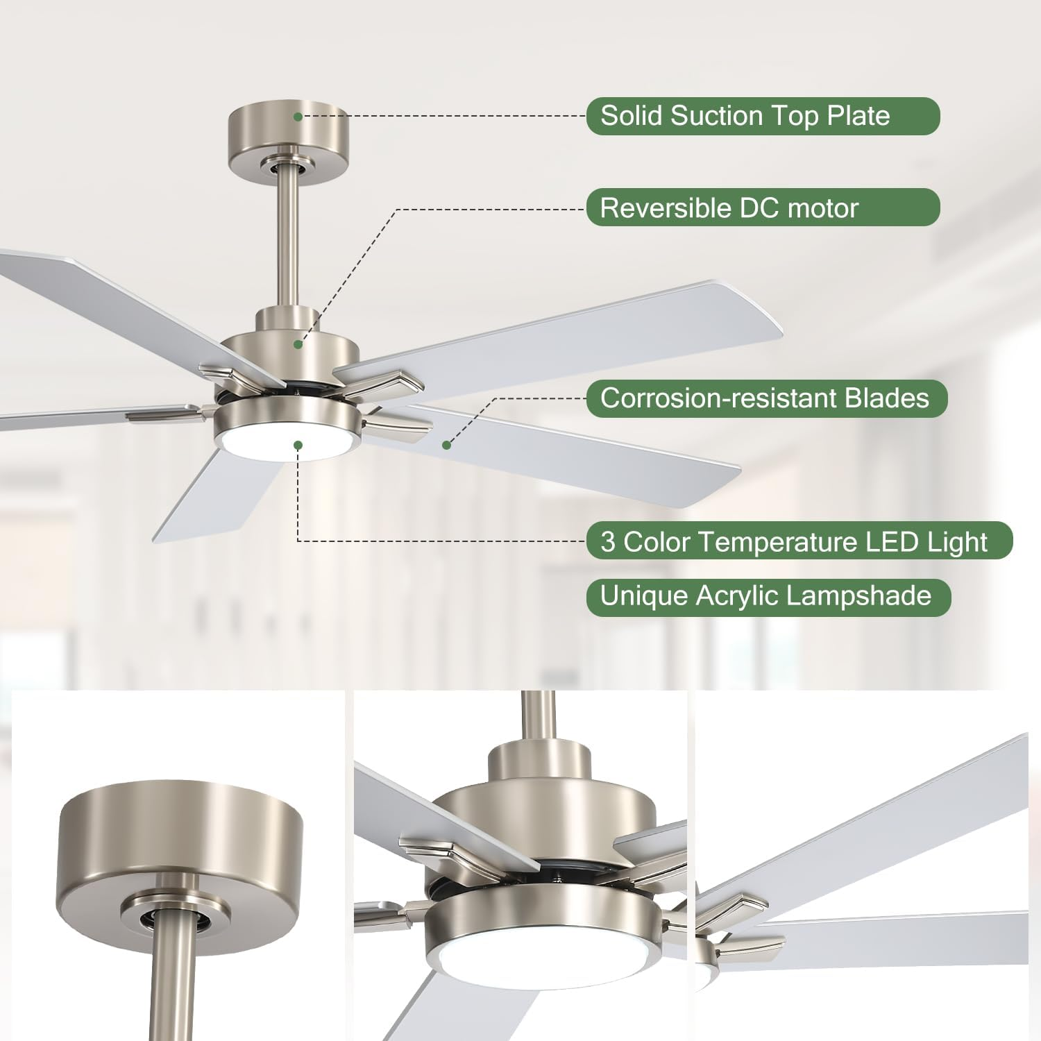Ceiling Fans with LED Lights, 52 Inch 5-Blade Ceiling Fan Remote Control, Industrial Ceiling Fan with Reversible DC Motor, Downrod Mount LED Ceiling Light Chandelier for Bedroom (Satin Nickel) - Image 7