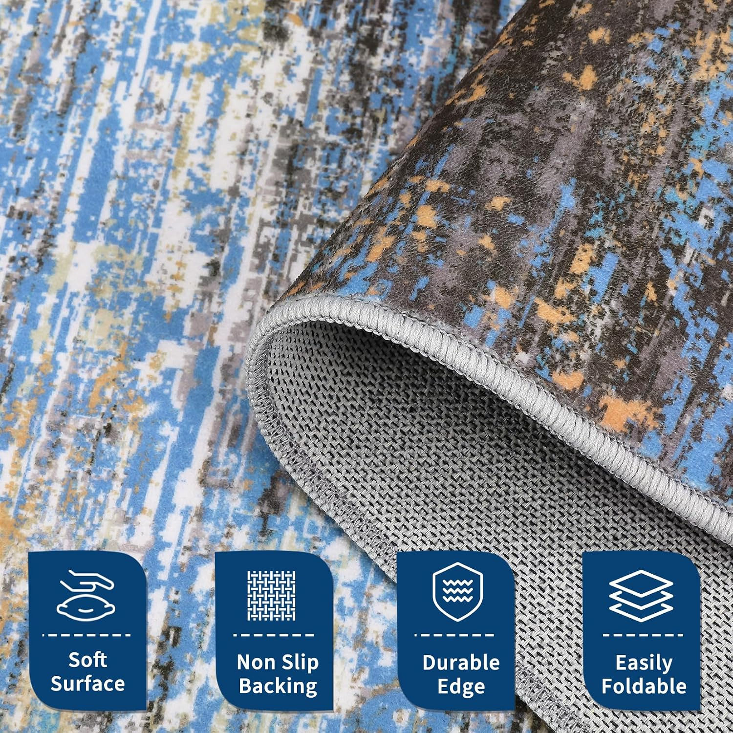 Modern Abstract Living Room Rug 10X13, Machine Washable Large Carpet, Non Slip Low Pile Throw Rug, Ultra Soft Indoor Floor Carpet for Bedroom Dining Room Table Home Decor, Blue/Brown - Image 2