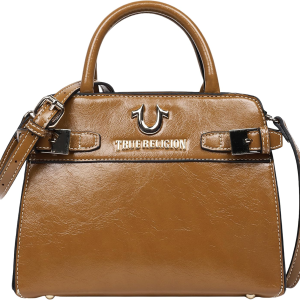 True Religion Tote Bag, Buckle Tab Structured Purse with Detachable Strap, Contrast Stitching and Silver Hardware