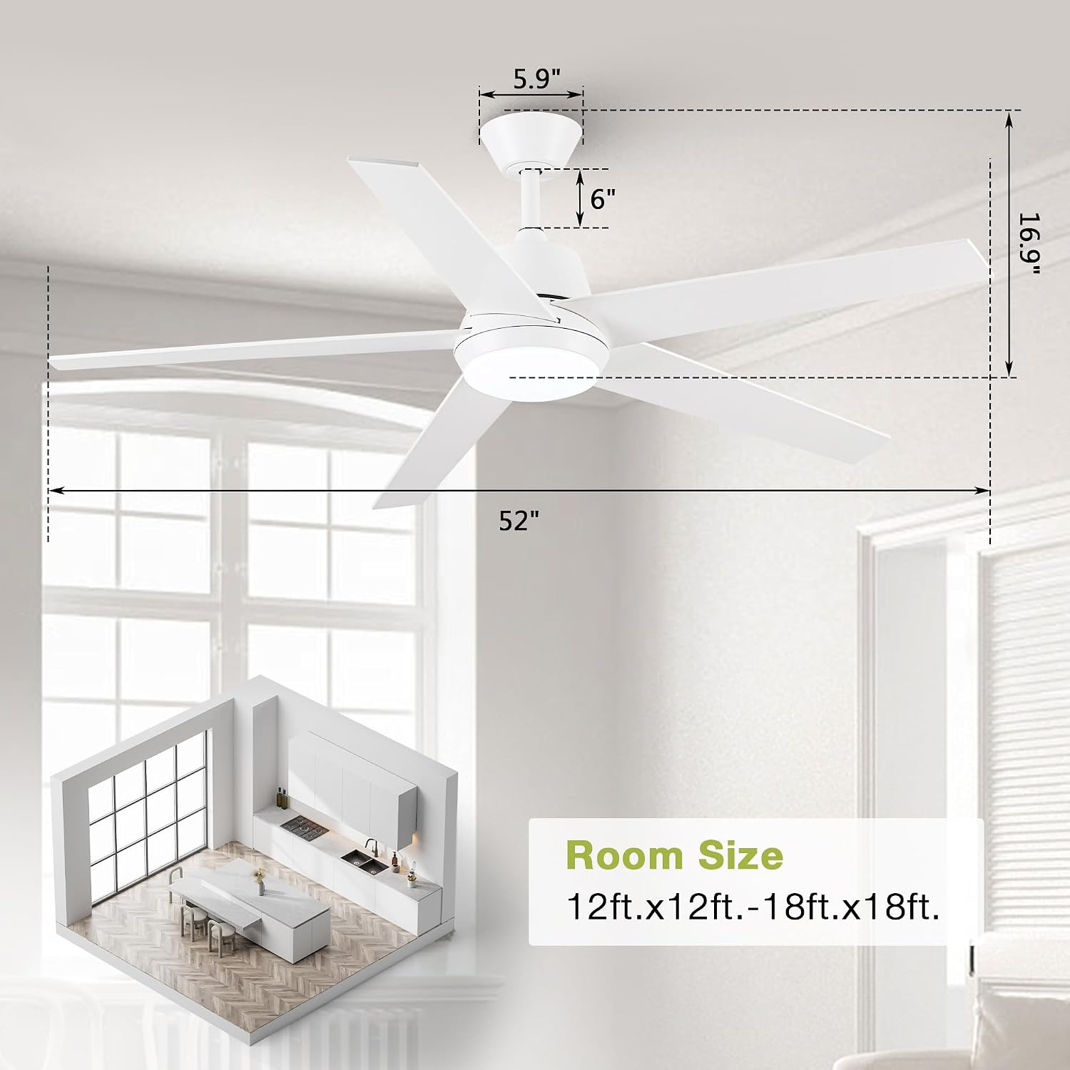 Ceiling Fans with Lights and Remote - 52 Inch Modern Cooling Fan with Noiseless Reversible DC Motor Timer White Ceiling Fan for Bedroom Living Room Dining Room - Image 9