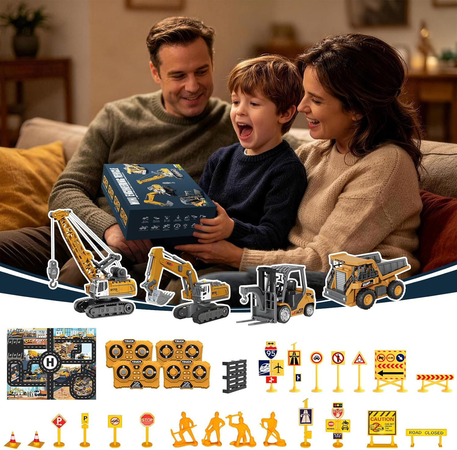 4 PCS RC Construction Vehicles Set with Mini Excavator Dump Truck Forklift and Crane USB Charge Real Lights & Sounds and Movable Parts & Traffic Sign Simulate True Scale Birthday Gifts for Kids Adults - Image 9