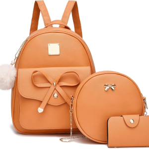 Girls Bowknot 3-Pieces Fahsion Leather Backpack Backpack Purse for Women Rucksack for Ladies Shoulder Bag