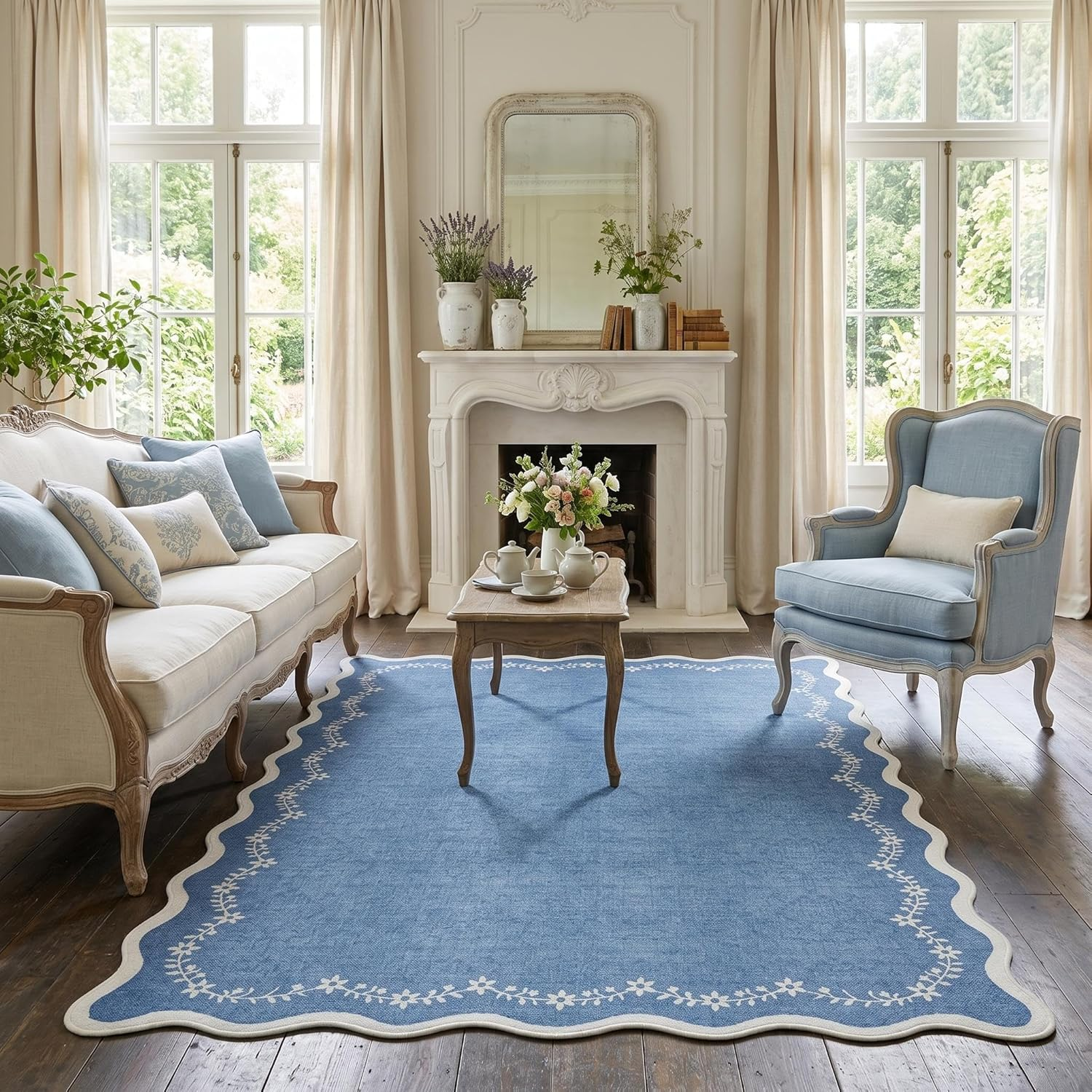 5X7 Scalloped Area Rug Navy Blue Washable Rugs for Living Room Bedroom, Soft Low Pile Non Slip Accent Floor Mat Solid Floral Print Throw Rug Indoor Carpet for Dorm Playroom - Image 3