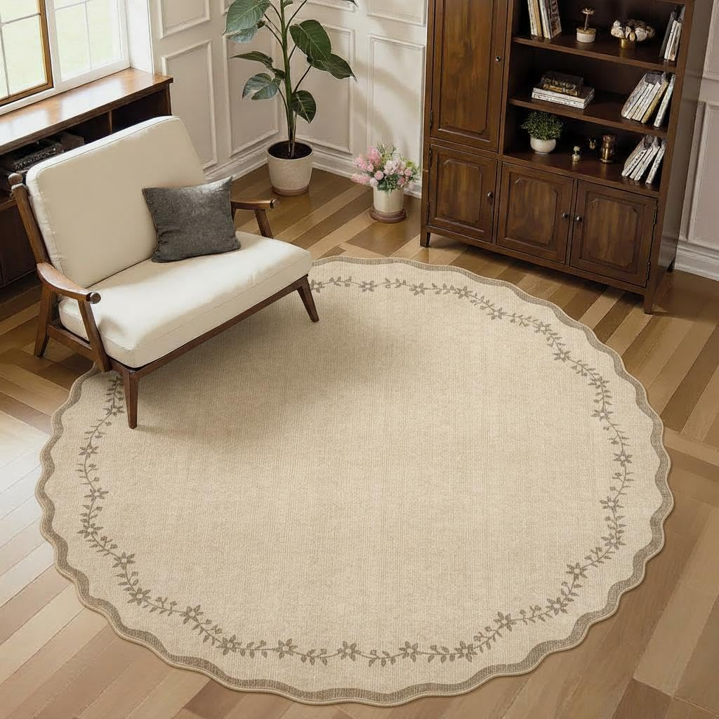 round Area Rugs 8Ft for Living Room, Large Solid Jute Washable Circle Rug Soft Non Slip Forest Animal Print Floor Mat Tan Carpet Indoor Thin Rug for Bedroom Dining Room Playroom Nursery