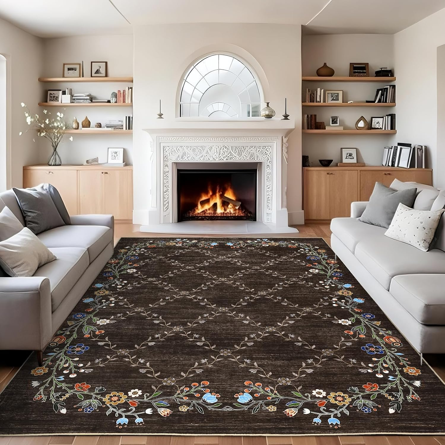 8X10Ft Floral Washable Area Rug, Brown Vintage Boho Low Pile Non Slip, Soft Indoor Large Rug for Living Room, Bedroom, Dining Room, Office