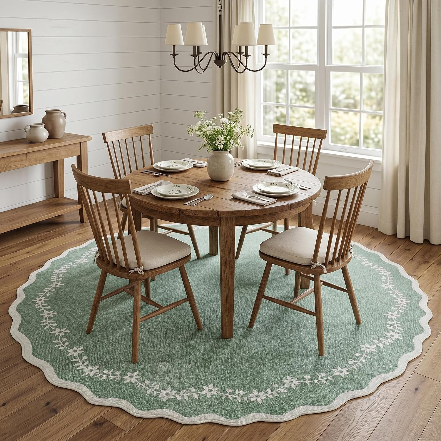 Scalloped round Area Rugs 8Ft for Living Room, Large Sage Green Washable Circle Rug Soft Non Slip Floral Print Floor Mat Carpet Indoor Thin Rug for Bedroom Dining Room Playroom Nursery - Image 2