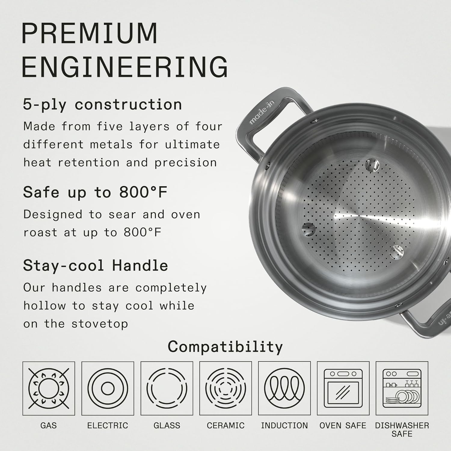 Made in Cookware - 8 Quart Stainless Steel Stock Pot with Lid and Pasta Insert - 5 Ply Stainless Clad - Professional Cookware - Crafted in Italy - Induction Compatible - Image 3