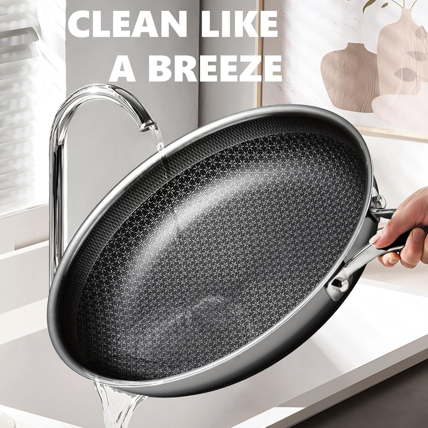 Non Stick Frying Pans Set, Hybrid Skillet Set Nonstick (8+10+12Inch), Pans for Cooking, PFOA Free Stainless Steel Kitchen Set, Dishwasher and Oven-Safe Cookware Sets - Image 4
