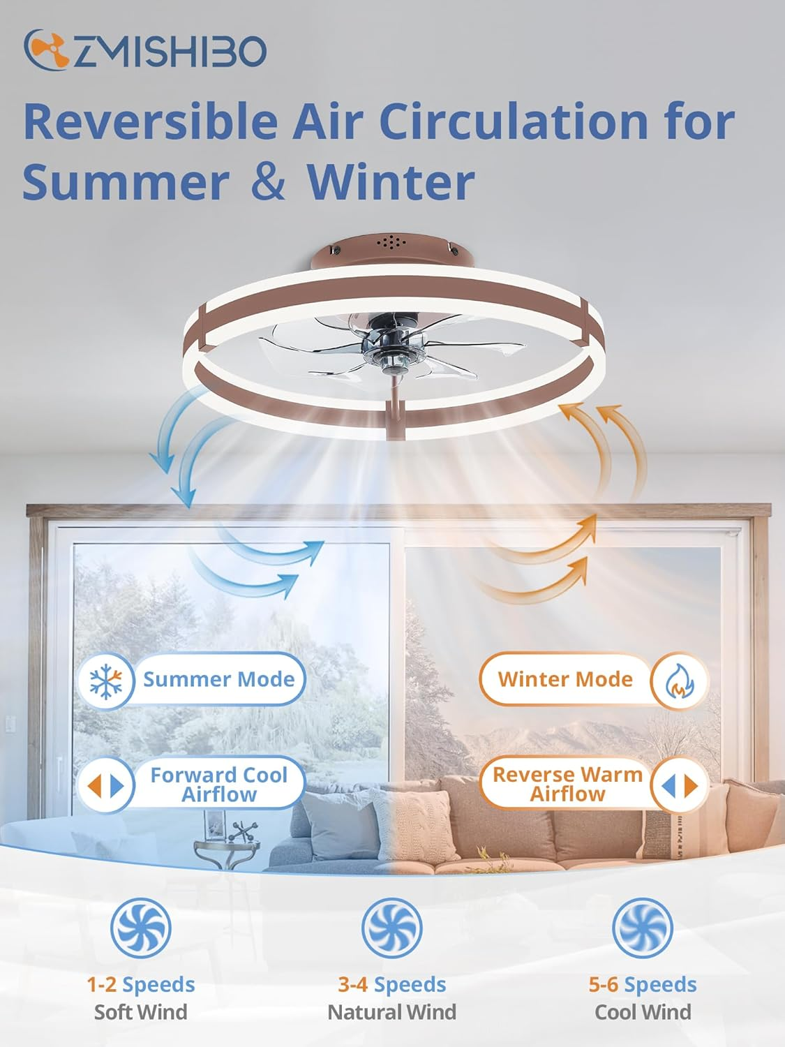 Ceiling Fans with Lights and Remote, 19.7'' Low Profile Ceiling Fan, 3000-6000K Dimmable Modern Flush Mount LED Fan Light, 6 Wind Speeds, Brown Fandelier Ceiling Fans for Bedroom - Image 4