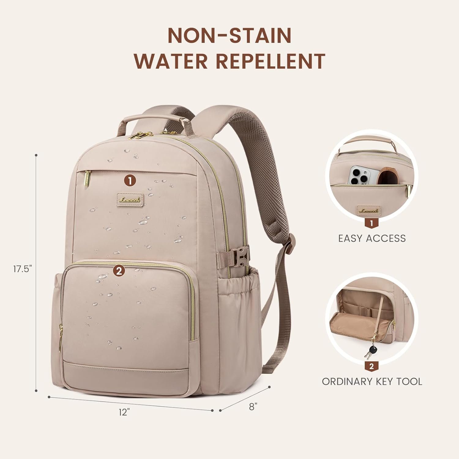 Laptop Backpack for Women with Pouch Pocket for Large Capacity Cup,15.6 Inch Laptop Computer Bag Travel Backpack Purse,Waterproof Work Business Backpack College Teacher Bags,Nude - Image 5