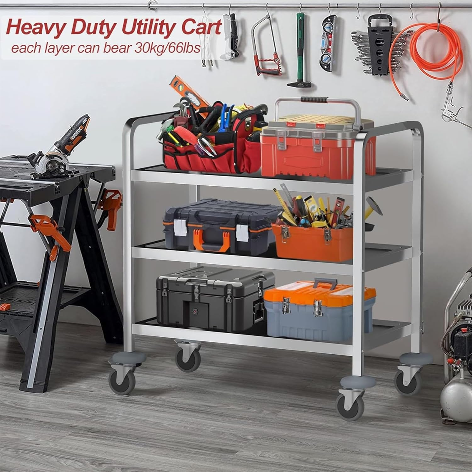 3 Tier Stainless Steel Utility Cart L30 X W16 X H33 Inch Kitchen Rolling Carts with Wheels Serving Trolley Catering Storage Shelf with 2 Lockable Wheels for Hotel Restaurant Home Use - Image 3