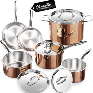 Whole Tri-Ply 18/10 Stainless Steel Cookware Set, 10 Pcs Elegant Copper Pots and Pans Set, Induction Cookware, Frying Pans, Saucepans & Stock Pot with Lid, Ideal Gift for Wedding, Housewarming