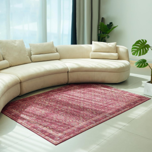 5X7 Soft Washable Area Rugs for Living Room and Bedroom, Non-Slip Stain Resistant Indoor Carpet, Cozy Floor Mat for Dining Room, Office, under Table​Stain Resistant Persian Red Floral