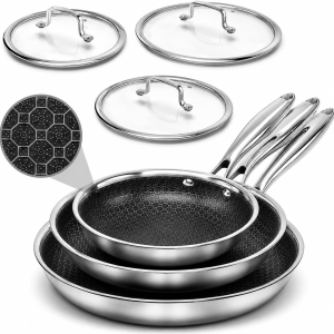 Non Stick Frying Pan Set - 8, 10, 12-Inch Hybrid Non-Toxic Skillet with Lids - Dishwasher & Oven Safe, Induction Ready, Stainless Steel Kitchen Cookware Set (7-Pcs Set)