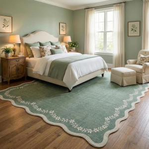 6X9 Scalloped Area Rug Sage Green Washable Rugs for Living Room Bedroom, Soft Low Pile Non Slip Accent Floor Mat Solid Floral Print Throw Rug Farmhouse Indoor Carpet for Dorm Playroom