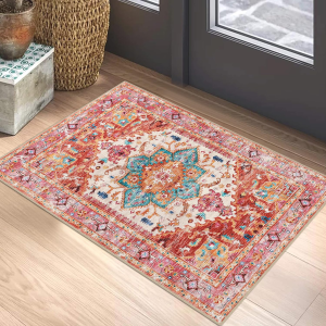 Washable Area Rug, 2X3 Small Entryway Rug Non-Slip Boho Vintage Rug with Rubber Backing, Low Pile Faux Wool Distressed Floor Carpet for Indoor Door Mat, Kitchen, Laundry (Pink)
