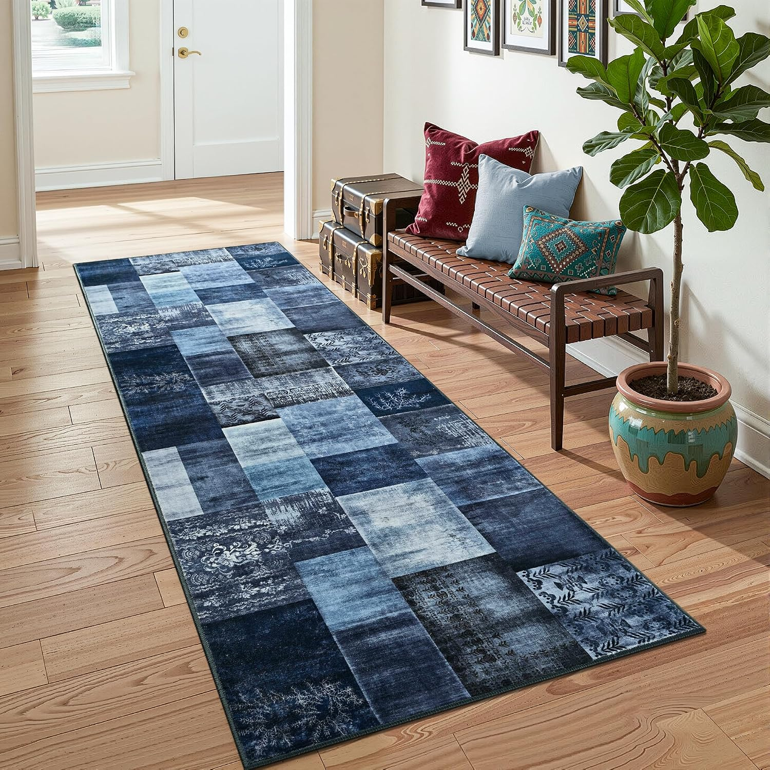 Modern Runner Rug for Living Room, 2X6 Washable Rugs for Bedroom Hallway, Geometric Patchwork Runner Rug Non-Slip Indoor Throw Carpet for Entryway Kitchen Office Home Decor, Blue - Image 2