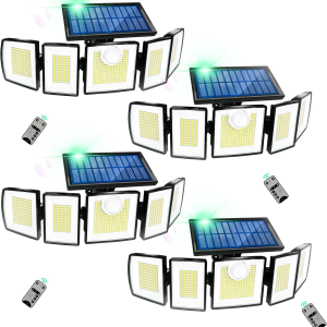 Outdoor Solar Light Motion Sensor Waterproof - 3000 Lumens 3 Modes 416 Leds 32Ft 5 Heads Security Lights Flood Lights with Remote for Patio Yard Pool outside （Wireless, 4P）